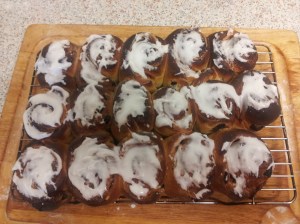 Post-race relaxation - making marzipan Chelsea buns!