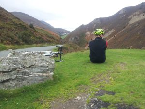 A short break at the top of a Welsh hill road, with views out to sea