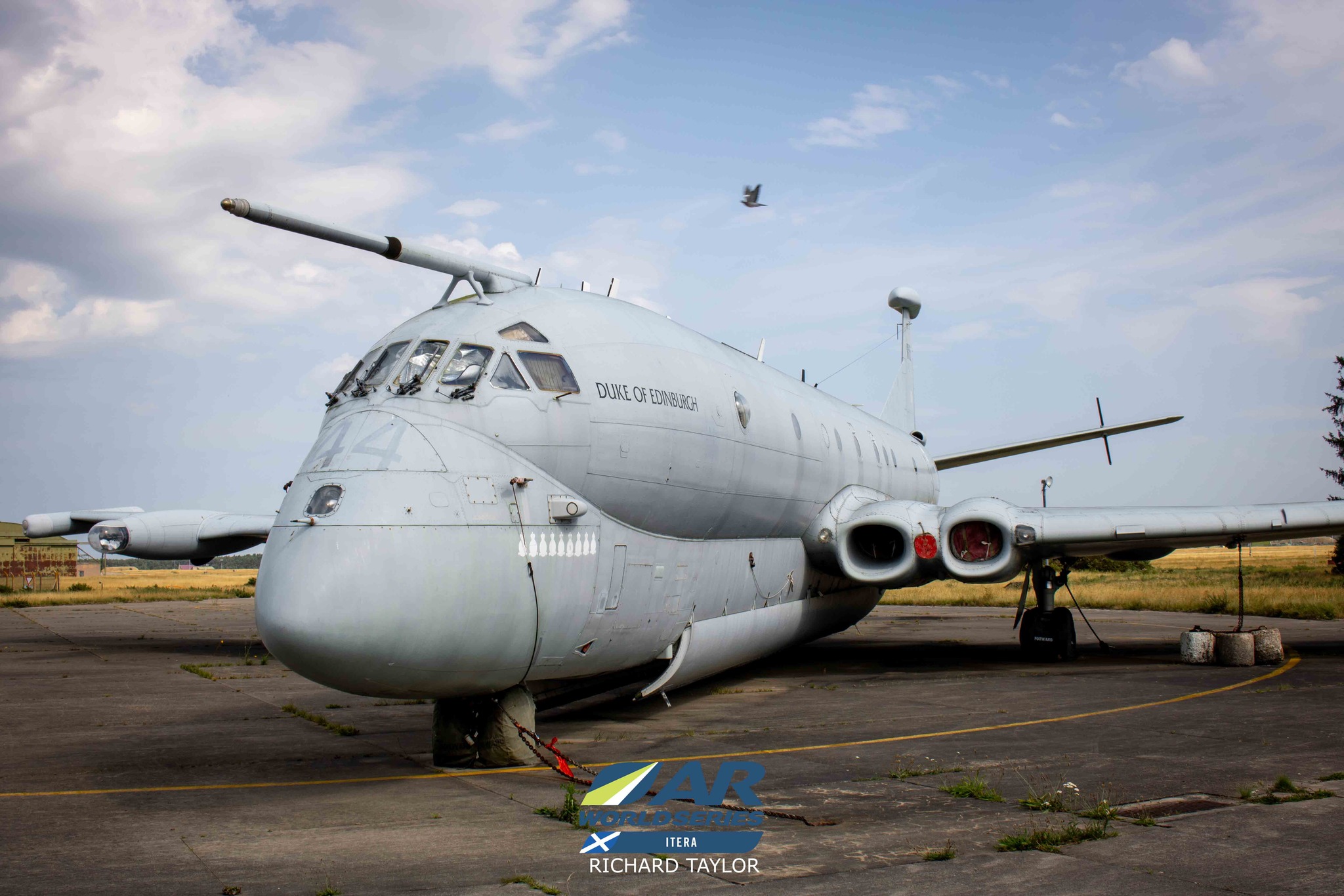A photo of a control at the nose of a Nimrod aircraft named the 'Duke of Edinburgh'